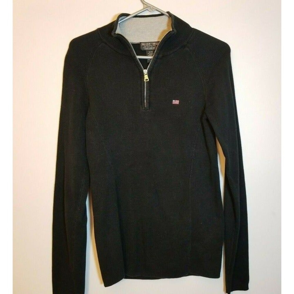 Polo Jeans Ralph Lauren Mens MEDIUM Black Pullover 1/4 Zip Ribbed Sweater